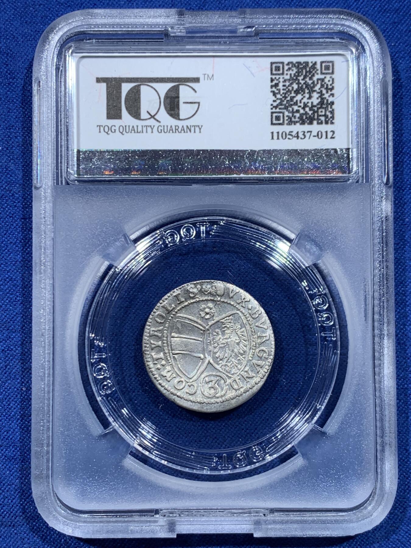 《竞宝斋》第447场 周日，周一，2场连拍 （全场包邮） TQG AU53 神圣罗马帝国 1639年 3克鲁泽银币 币面微弯为打制币常见问题 细节极美 温润转光 神罗币凑品种必备
