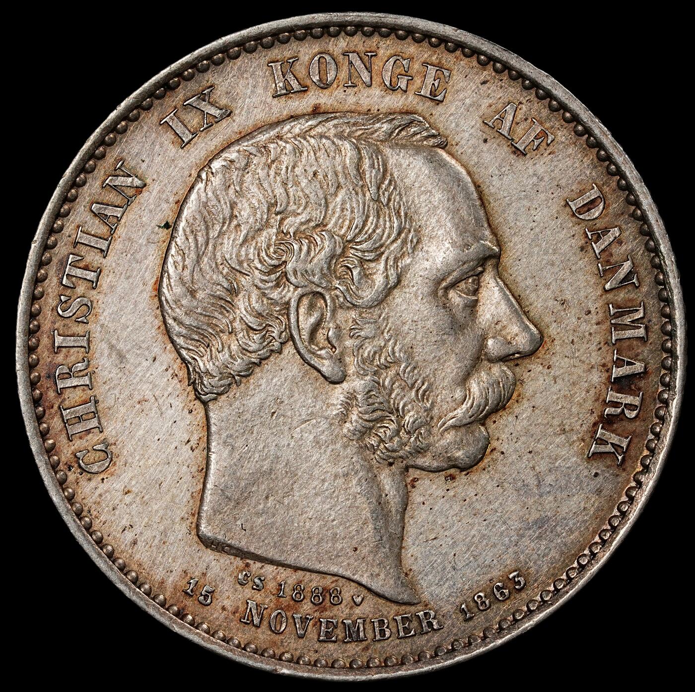 修遠堂世界钱币第九十七期 1888年丹麦国王克里斯蒂安九世在位 25 周年纪念2克朗银币 15g，含银80%