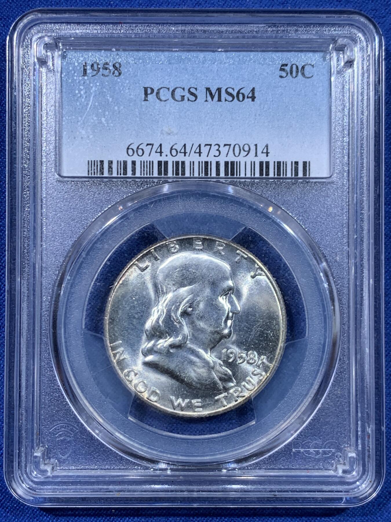 《竞宝斋》第447场 周日，周一，2场连拍 （全场包邮） PCGS MS64 美国1958年富兰克林50美分银币 转光流畅 值得入手