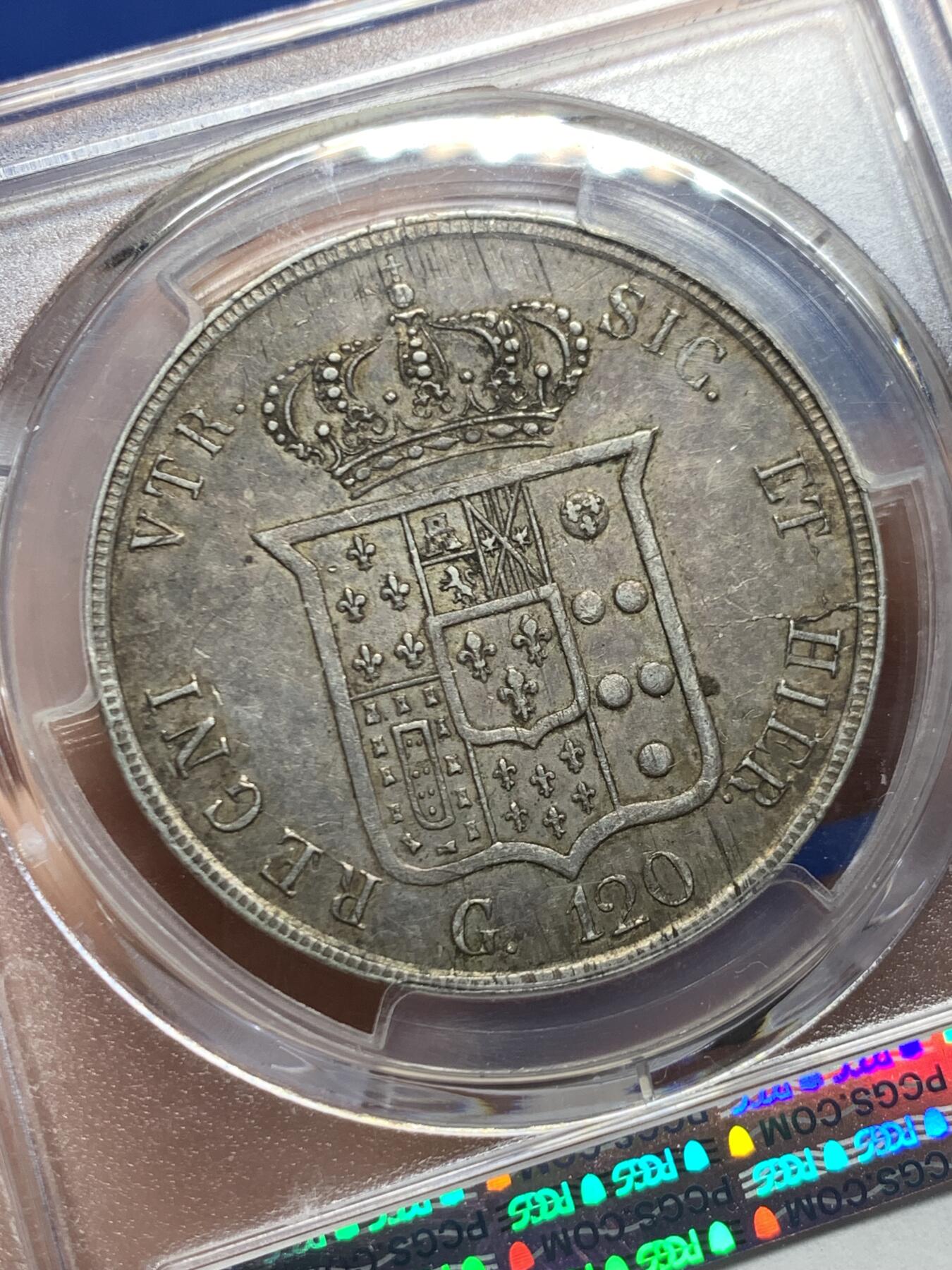 《竞宝斋》第447场 周日，周一，2场连拍 （全场包邮） PCGS AU55 意大利1856年 那不勒斯西西里120G银币