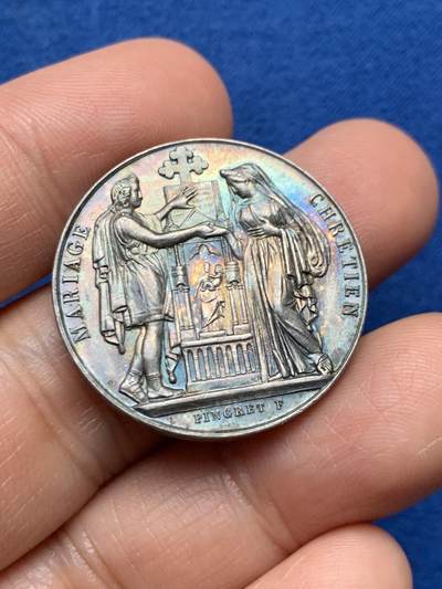 《竞宝斋》第447场 周日，周一，2场连拍 （全场包邮） - 法国婚礼纪念银章 12.4克 29mm 丰饶角银标 背面无刻字