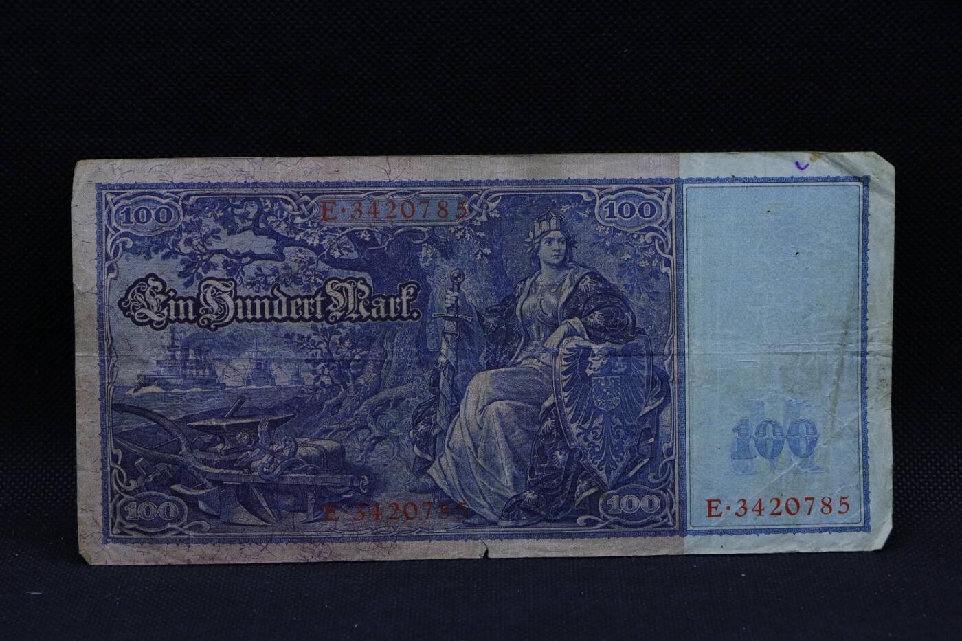 【淘币小摊】限时拍第八百三十拍  散币纸币邮票场  满百包邮可预留两周  周一统一发货   德国1910年100马克纸币【有折】