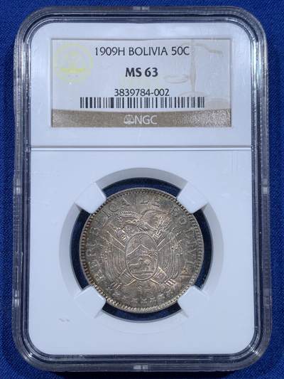 《竞宝斋》第447场 周日，周一，2场连拍 （全场包邮） - NGC MS63 玻利维亚 1909年 50分 银币 双面五彩包浆 非常有意思的南美洲设计