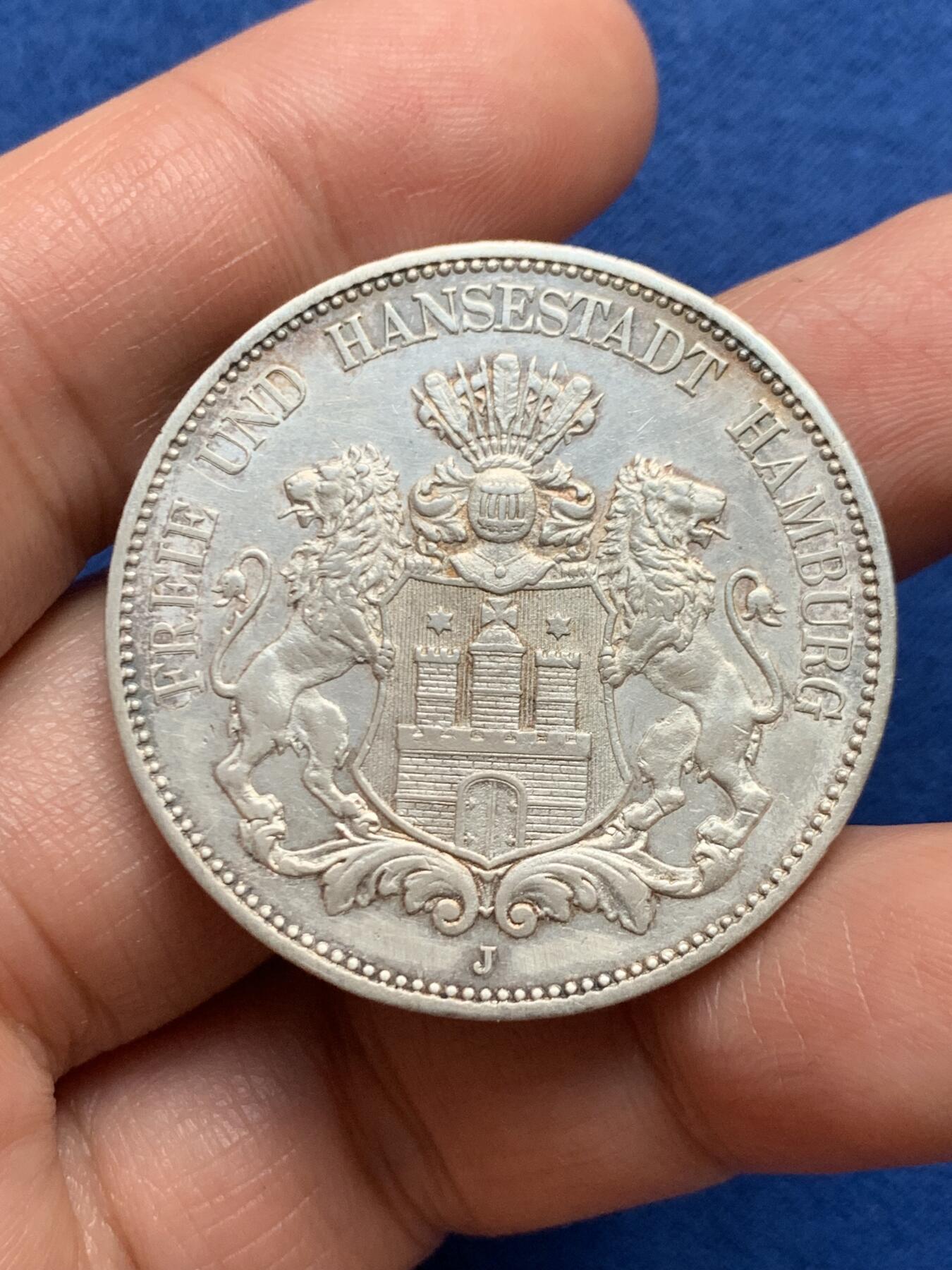 《竞宝斋》第447场 周日，周一，2场连拍 （全场包邮） 德国 1913J 双狮5马克银币 全鬃毛高点清晰 尚有转光 细节见图