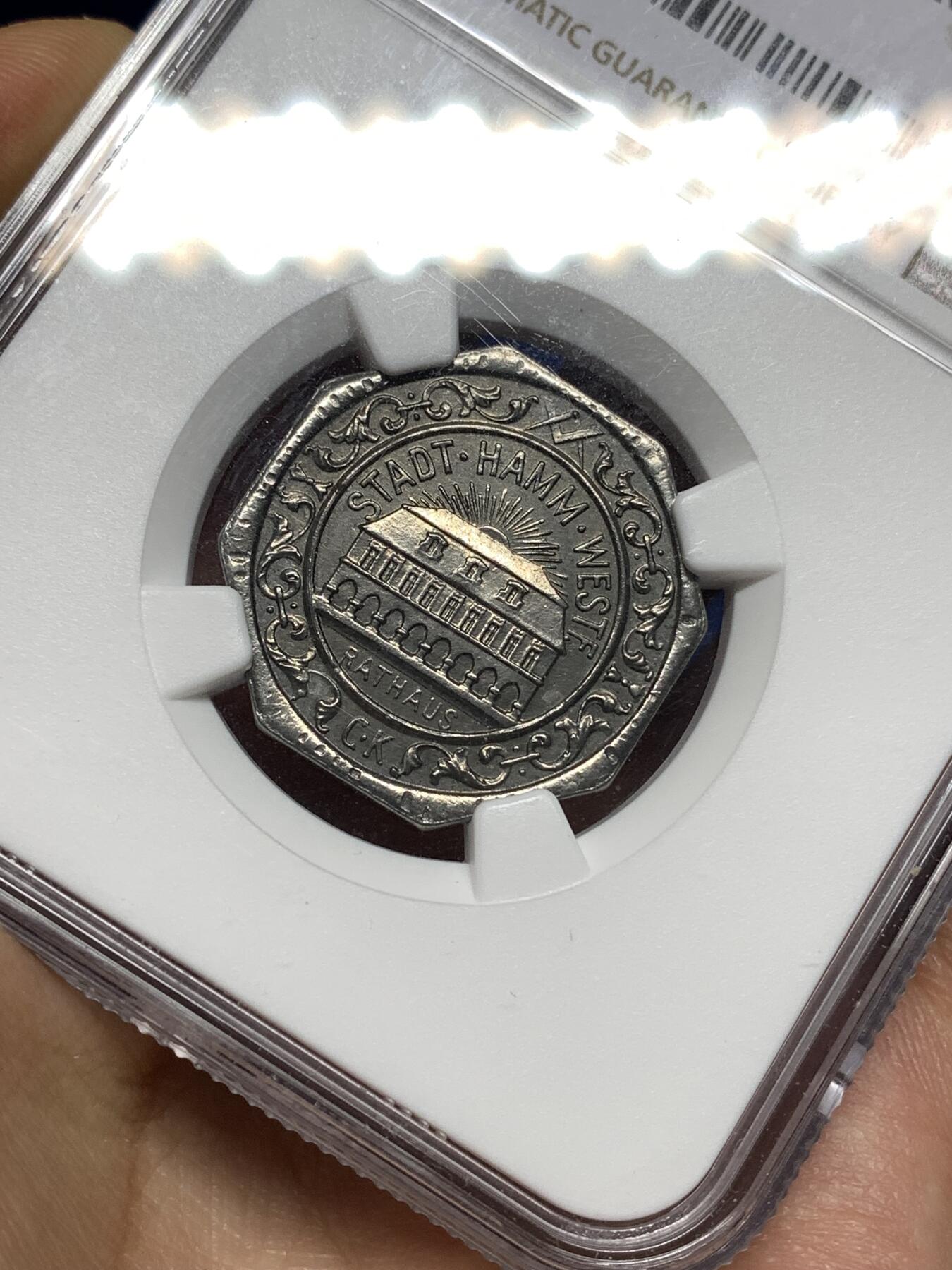 《竞宝斋》第447场 周日，周一，2场连拍 （全场包邮） NGC MS64 德国哈姆 1919年 50芬尼 市政厅 铁币