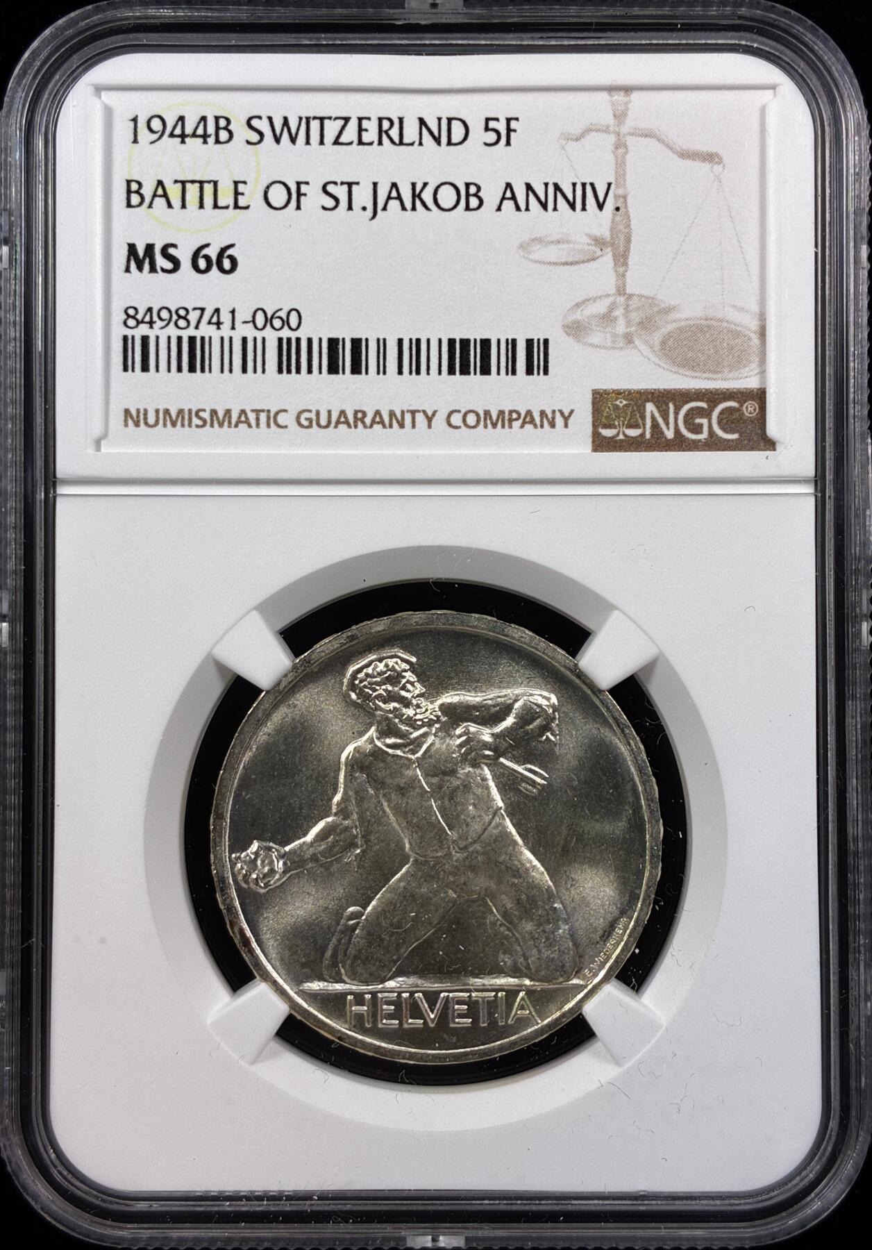 【雨安】【直播拍卖】【世界币章121期-评级币】2025-12-20 周六 19:30 保真 [评级欧洲] Switzerland 瑞士 5法郎 1944年 圣雅各布比尔斯战役 KM# 45  NGC-MS66