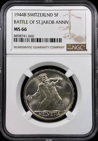 【雨安】【直播拍卖】【世界币章121期-评级币】2025-12-20 周六 19:30 保真 - [评级欧洲] Switzerland 瑞士 5法郎 1944年 圣雅各布比尔斯战役 KM# 45  NGC-MS66