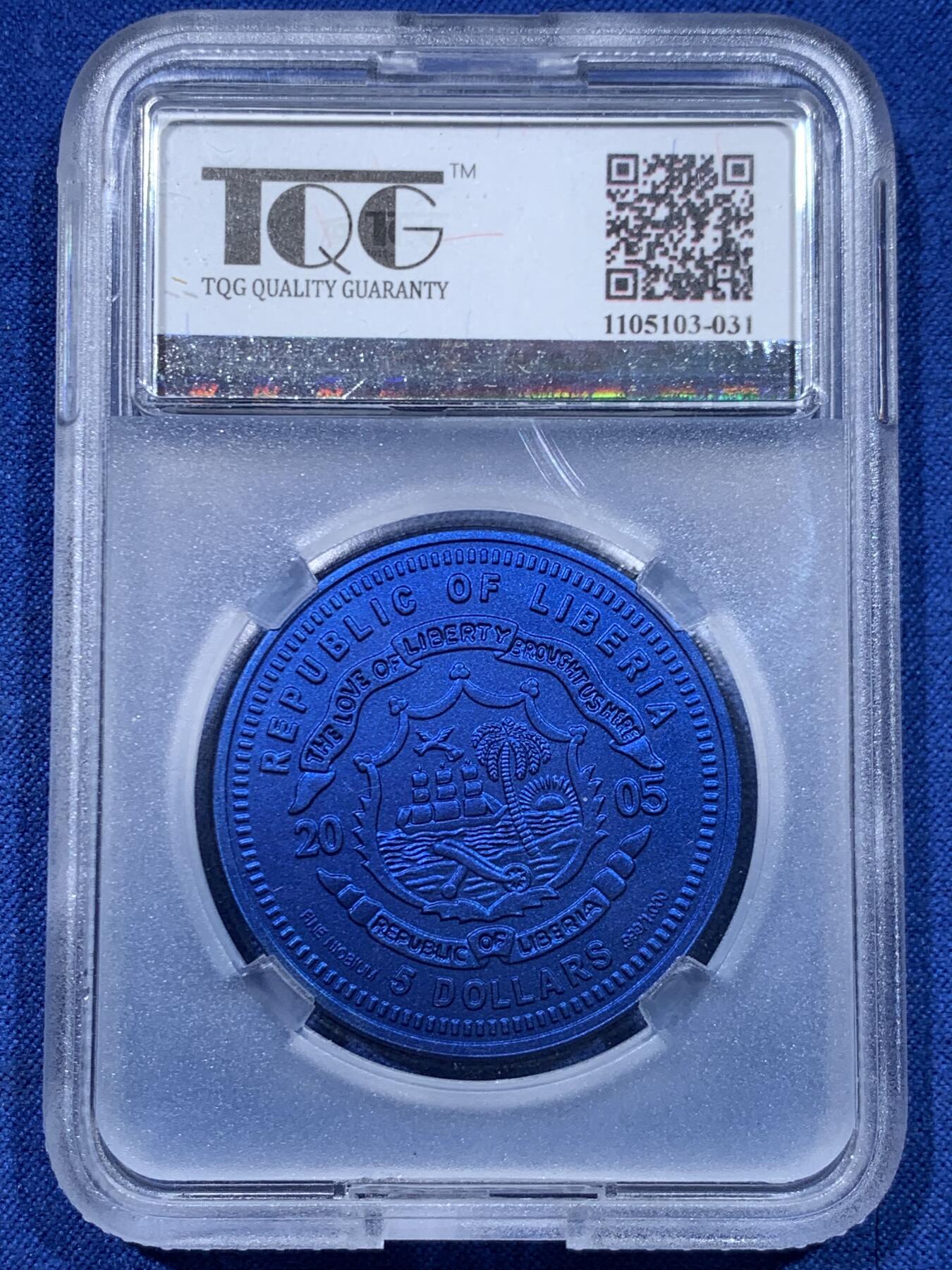 《竞宝斋》第447场 周日，周一，2场连拍 （全场包邮） TQG MS70 利比里亚2005年欧元10周年纪念-圣马力诺5元蓝铌币 7.78克 发行量：1万