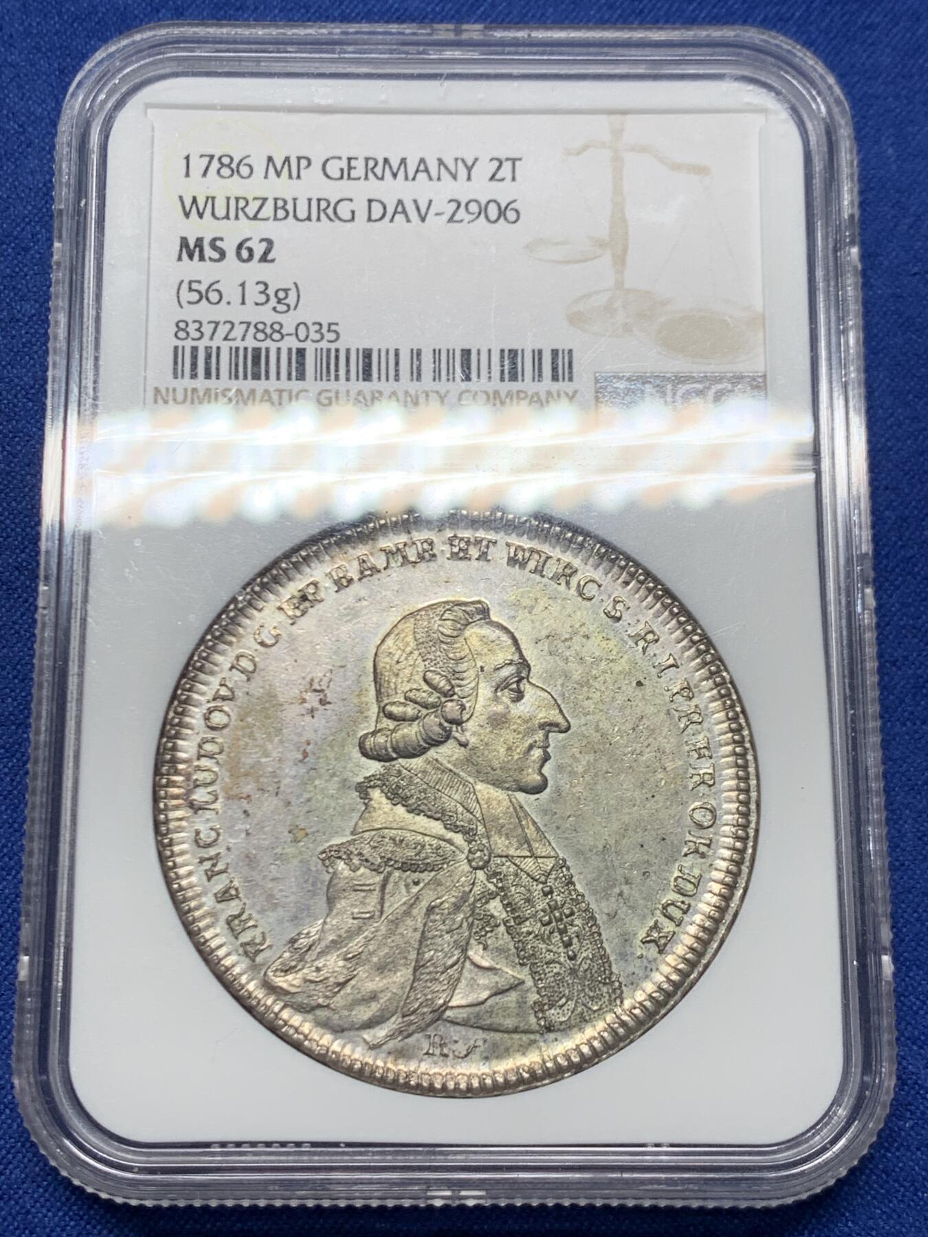 《竞宝斋》第447场 周日，周一，2场连拍 （全场包邮） NGC MS62 德国 1786年 维尔茨堡主教区  2泰勒大银币 56.13克 双倍的享受 包浆自然 小天使鼻尖清晰 非常稀少的品种 具体细节状态见图