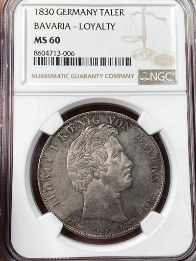 万国钱币拍卖第057期（万国冬季大拍） - NGC MS60 1830年德国巴伐利亚忠于皇室历史大泰勒 路德维希一世敕令发行 用于感激1830年德国社会主义运动中巴伐利亚人民对王室的忠诚 双面原味五彩状态难得