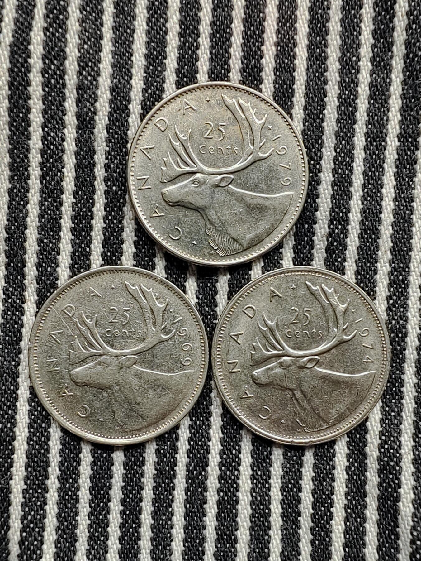 加拿大25分驯鹿镍币3枚不重复 分币 硬币 收藏  1969/1974/1979