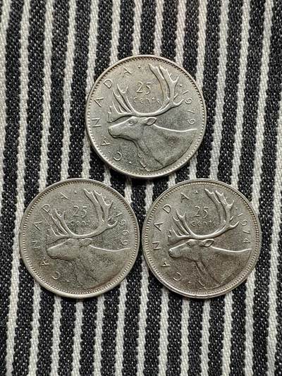 加拿大25分驯鹿镍币3枚不重复 分币 硬币 收藏  1969/1974/1979 - 加拿大25分驯鹿镍币3枚不重复 分币 硬币 收藏  1969/1974/1979