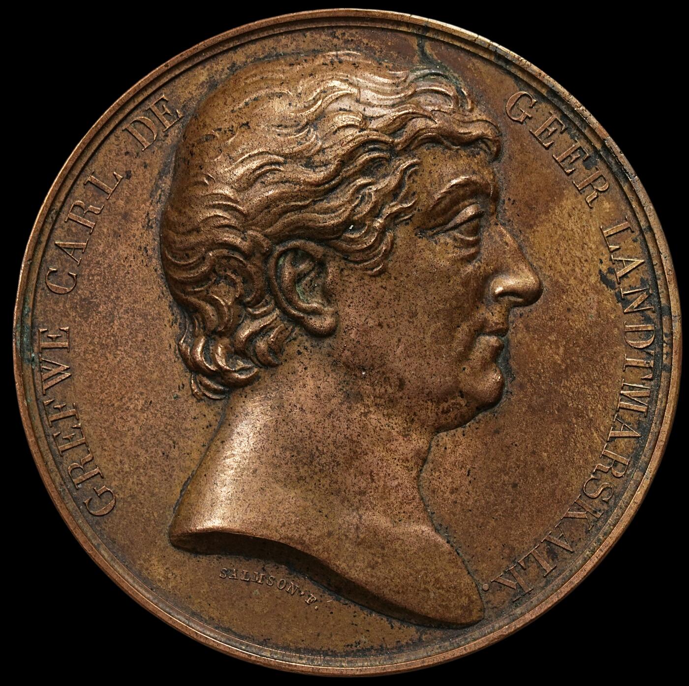 修遠堂世界钱币第九十七期 1823年瑞典伯爵卡尔・德・耶尔・兰德马尔克(GREVE CARL DE GEER LANDMARSK)纪念大铜章  54.45mm，63.15g