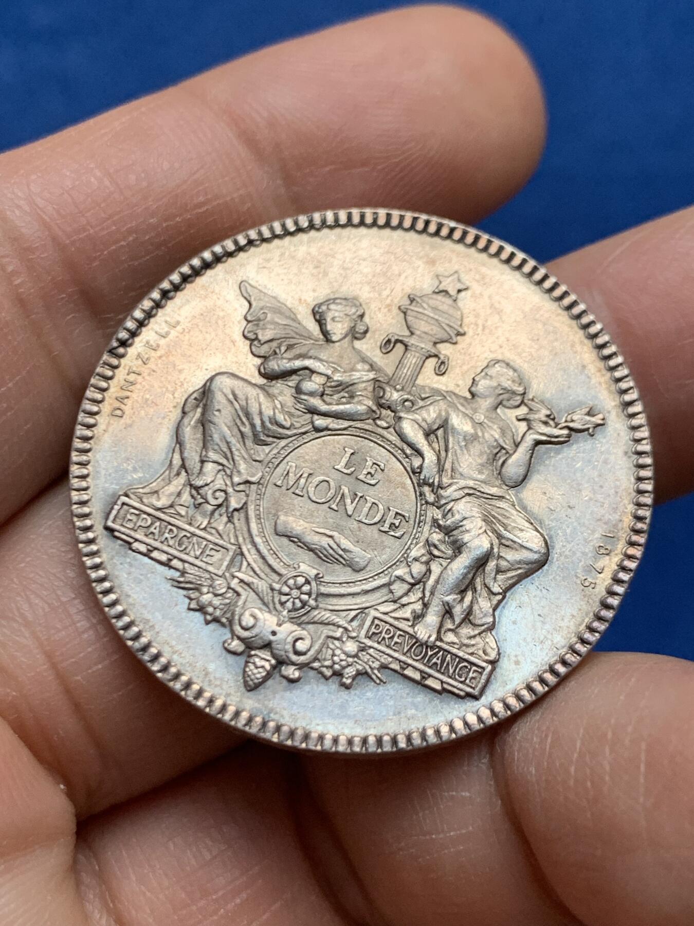 《竞宝斋》第447场 周日，周一，2场连拍 （全场包邮） 法属阿尔及利亚及印支1875年人寿保险公司银代币 蜜蜂银标 18.15克 35mm