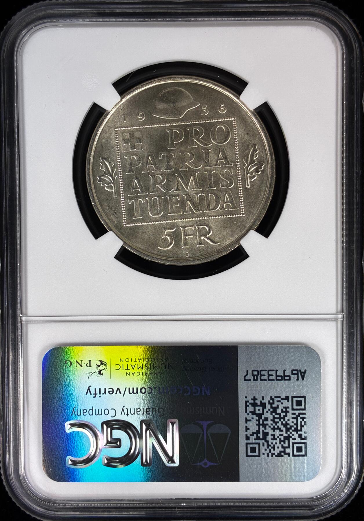 【雨安】【直播拍卖】【世界币章121期-评级币】2025-12-20 周六 19:30 保真 [评级欧洲] Switzerland 瑞士 5法郎 1936年 军备基金 KM# 41  NGC-MS65