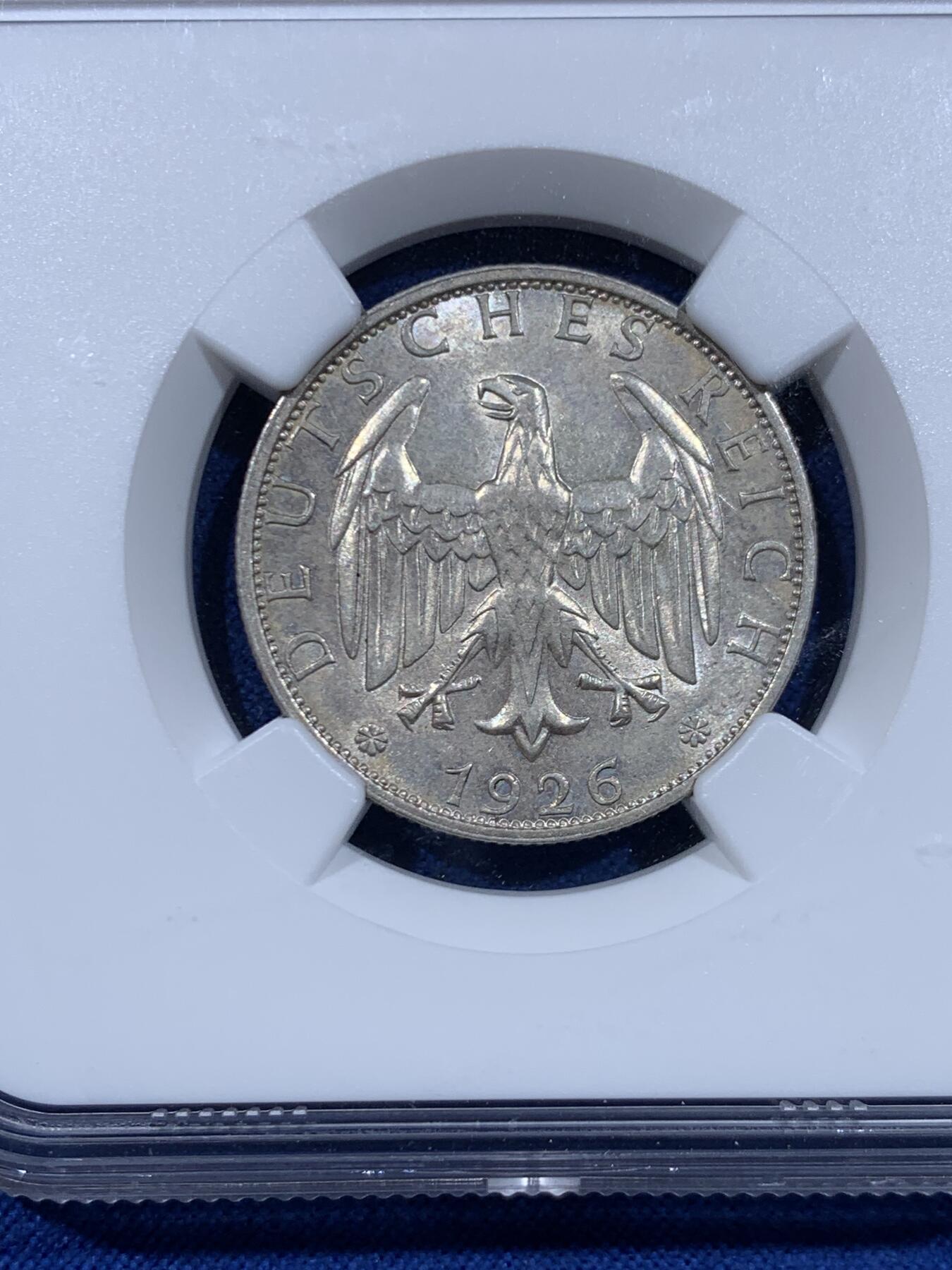 《竞宝斋》第447场 周日，周一，2场连拍 （全场包邮） NGC MS63 德国 1926年 魏玛共和国2马克 银币