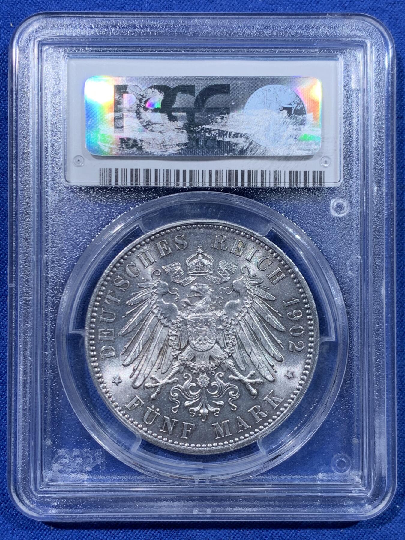 《竞宝斋》第447场 周日，周一，2场连拍 （全场包邮） PCGS MS64+ 德国 1902年 萨克森逝世纪念5马克 银灰色包浆很有质感