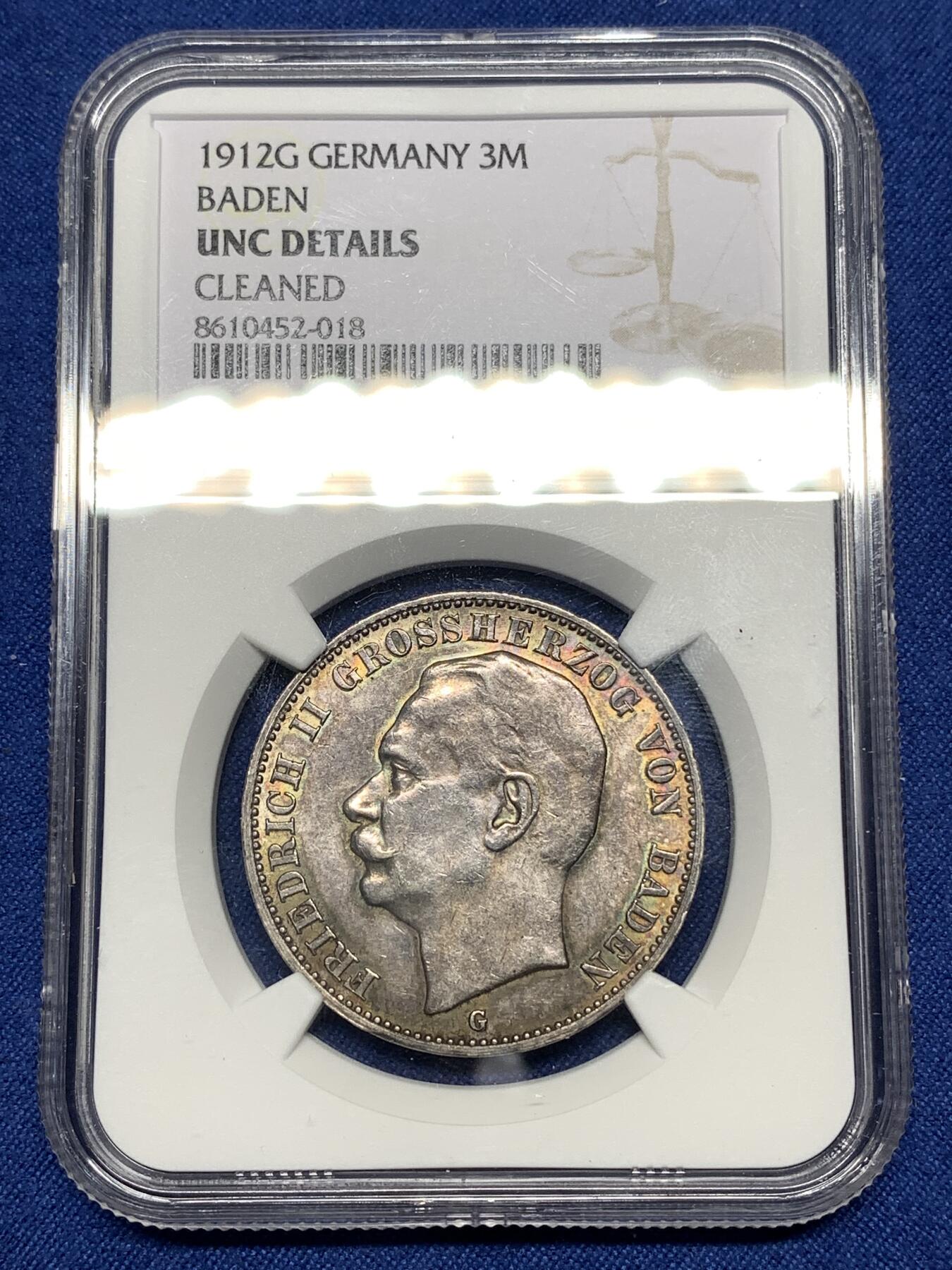 《竞宝斋》第447场 周日，周一，2场连拍 （全场包邮） NGC UNCD 德国1912G巴登弗里德里希二世3马克银币，包浆带彩，少见。