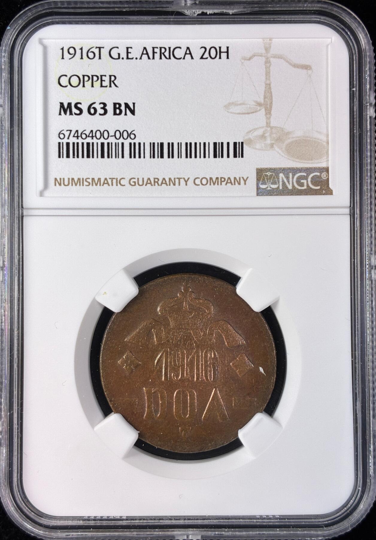 【雨安】【直播拍卖】【世界币章121期-评级币】2025-12-20 周六 19:30 保真 [评级德国] Germany 德属东非 20赫勒 1916年T  NGC-MS63