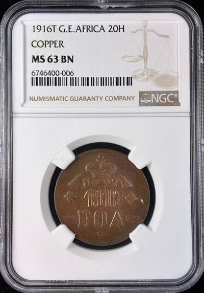 【雨安】【直播拍卖】【世界币章121期-评级币】2025-12-20 周六 19:30 保真 - [评级德国] Germany 德属东非 20赫勒 1916年T  NGC-MS63