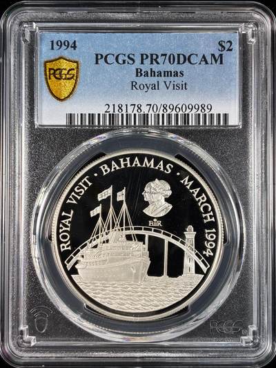 【雨安】【直播拍卖】【世界币章121期-评级币】2025-12-20 周六 19:30 保真 - [评级现代] Bahamas 巴哈马 2元 1994年 皇室访问 PCGS-PR70DCAM 精制