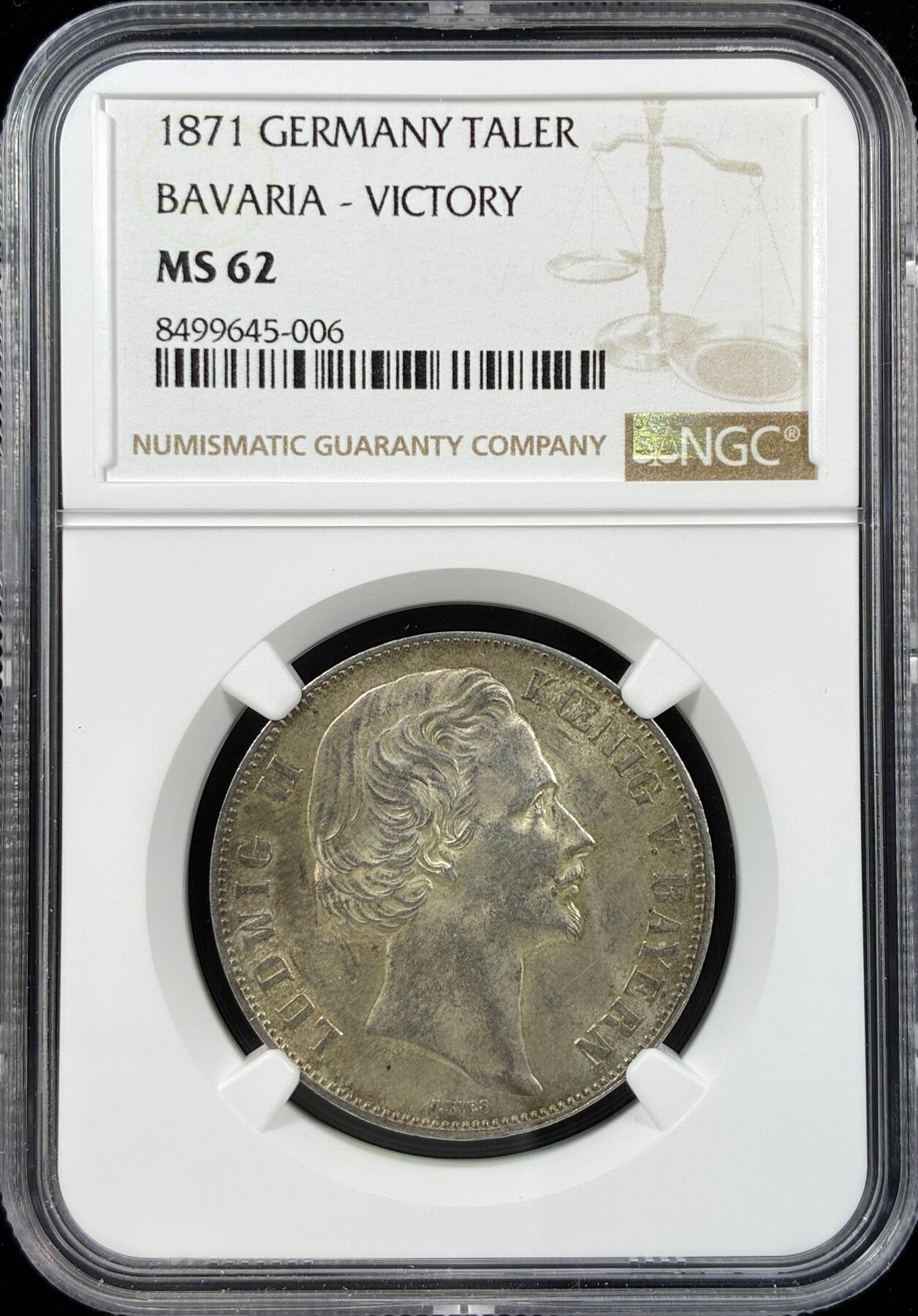 【雨安】【直播拍卖】【世界币章121期-评级币】2025-12-20 周六 19:30 保真 [评级德国] Germany 德国 德意志 1泰勒 Bavaria巴伐利亚 Thun.107 KM#0889 (1871) 普法战争 1871年  NGC-MS62