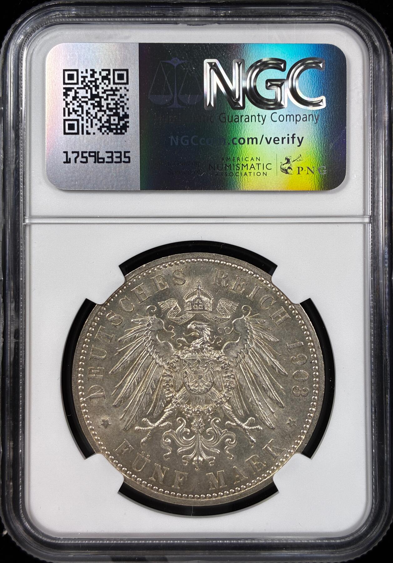 【雨安】【直播拍卖】【世界币章121期-评级币】2025-12-20 周六 19:30 保真 [评级德国] Germany 德国 帝国 萨克森-阿尔滕堡 5马克 (1903) 登基50周年 1903年  NGC-MS64