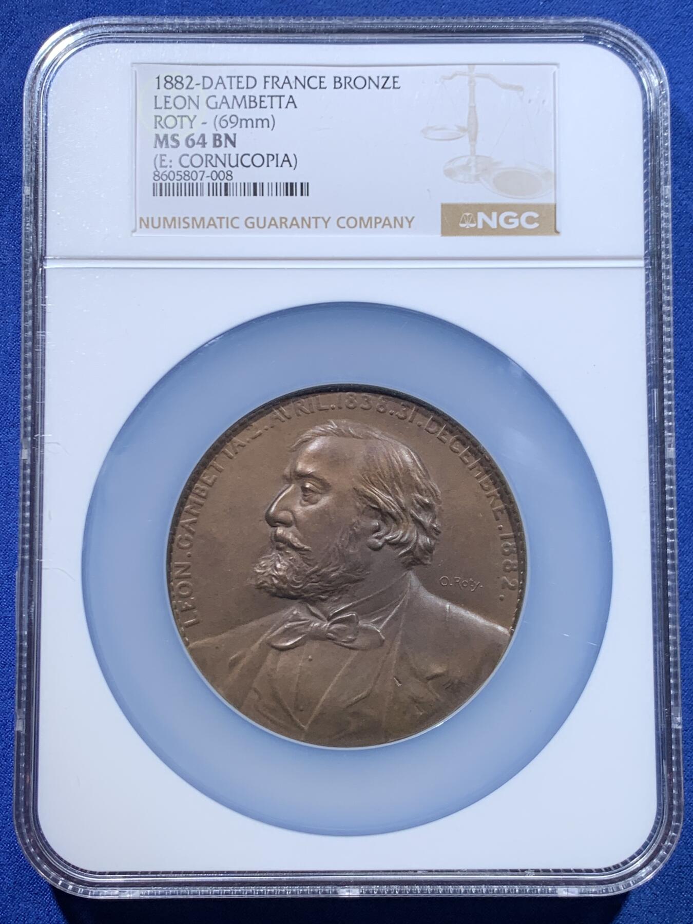 《竞宝斋》第447场 周日，周一，2场连拍 （全场包邮） NGC MS64BN 1882年法国第三共和国众议院议长莱昂•甘必大逝世纪念大铜章 法系罗蒂名家雕刻 69mm 加大加厚盒