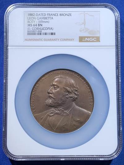 《竞宝斋》第447场 周日，周一，2场连拍 （全场包邮） - NGC MS64BN 1882年法国第三共和国众议院议长莱昂•甘必大逝世纪念大铜章 法系罗蒂名家雕刻 69mm 加大加厚盒
