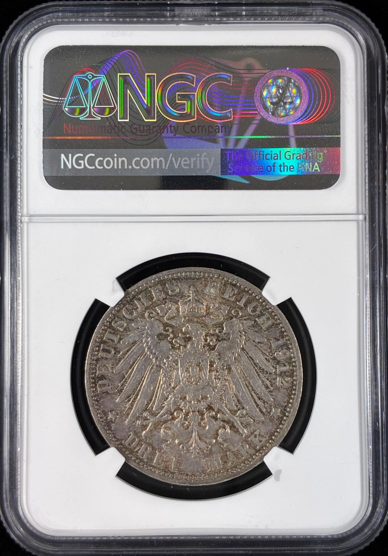 【雨安】【直播拍卖】【世界币章121期-评级币】2025-12-20 周六 19:30 保真 [评级德国] Germany 德国 帝国 汉堡 3马克 1912年  NGC-AU58