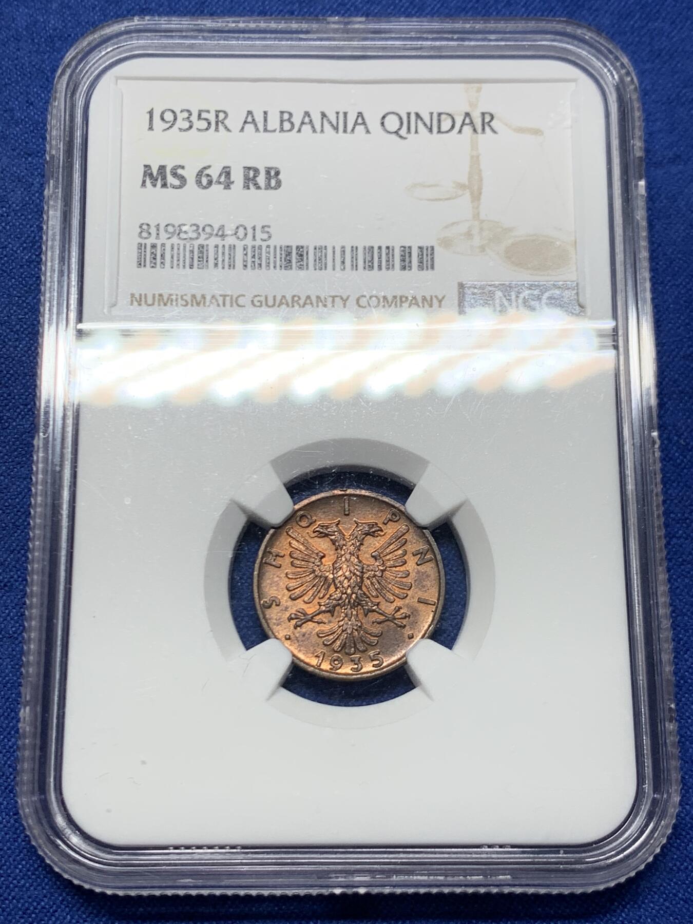 《竞宝斋》第447场 周日，周一，2场连拍 （全场包邮） NGC MS64RB 阿尔巴尼亚 1935年 QINDAR铜币