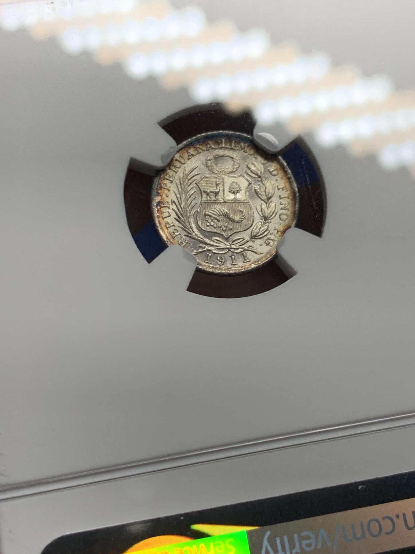 《竞宝斋》第447场 周日，周一，2场连拍 （全场包邮） NGC MS63 秘鲁1911年1/2蒂娜罗银币，早期年份，镜面感加深蓝月牙彩，宝石般的感觉