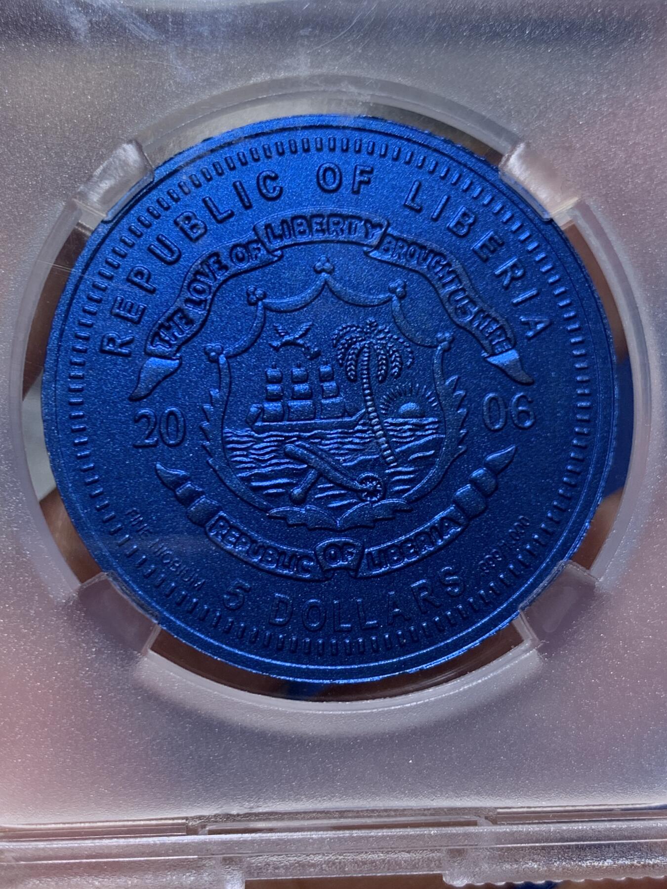 《竞宝斋》第447场 周日，周一，2场连拍 （全场包邮） TQG MS69 利比里亚2006年欧元10周年纪念-立陶宛5元蓝铌币 7.78克 发行量：1万