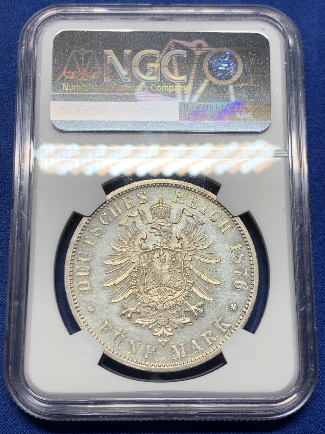 《竞宝斋》第447场 周日，周一，2场连拍 （全场包邮） NGC MS62  德国 1876年B版 普鲁士威廉一世短翅5马克  PL底板 加上淡金的包浆 更为难得