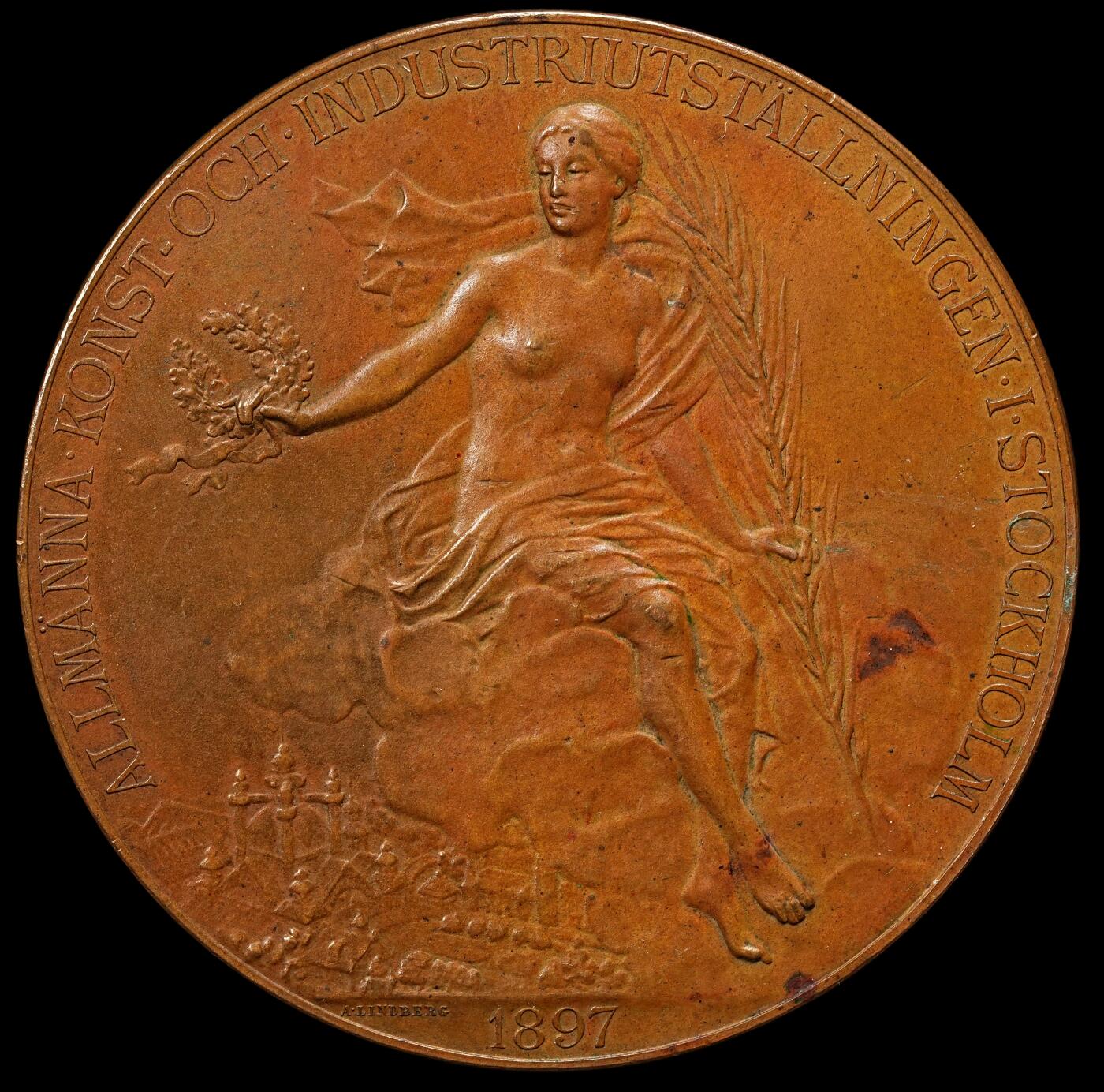 修遠堂世界钱币第九十七期 1897年瑞典-斯德哥尔摩公共艺术与工业展览会大铜章 阿道夫·林德伯格作品 61.00mm，101.95g