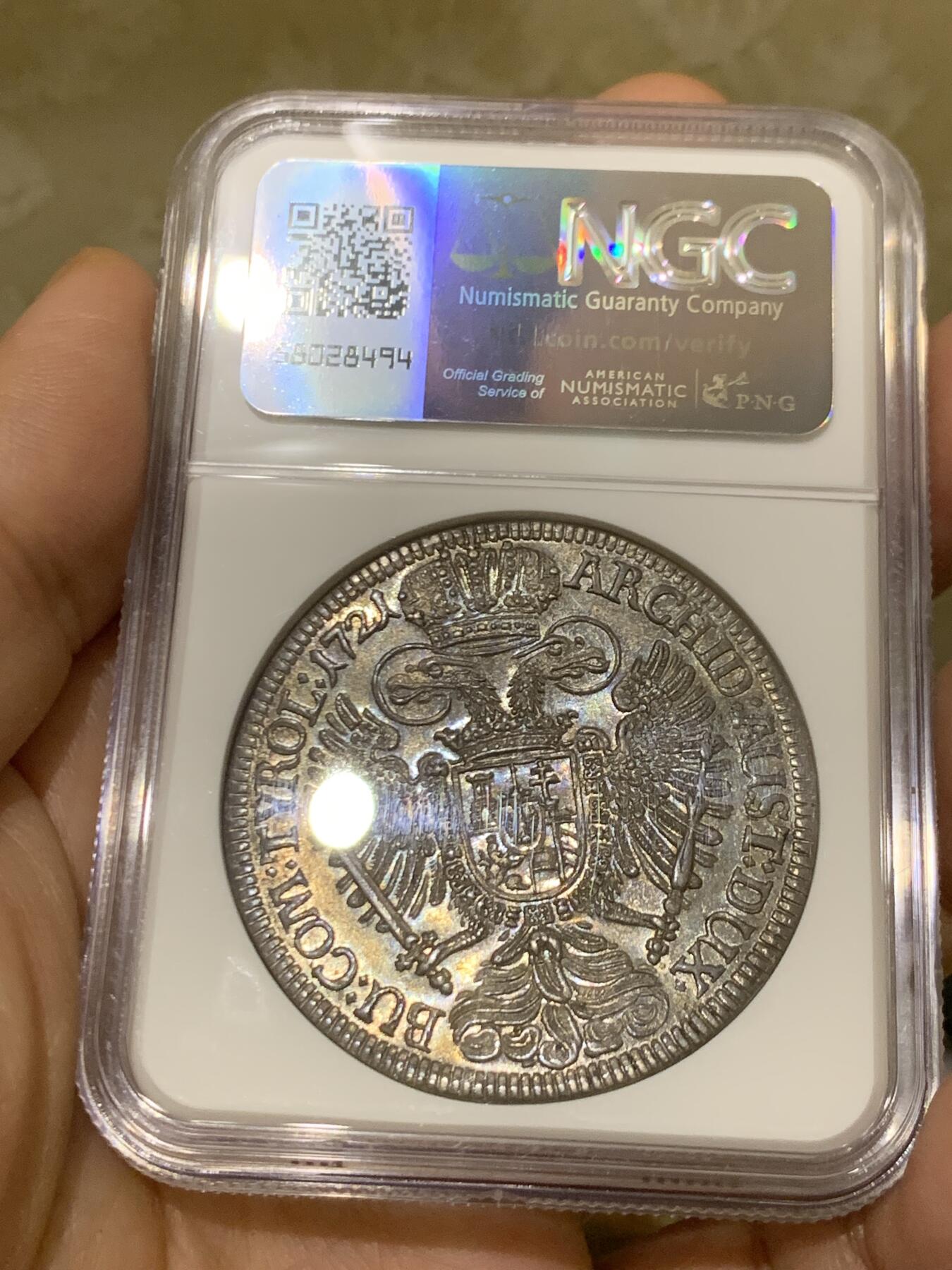 《竞宝斋》第447场 周日，周一，2场连拍 （全场包邮） 亚军分 NGC MS63 神圣罗马帝国 1721年 查理六世 泰勒大银币 原味深包浆 非常舒服的状态