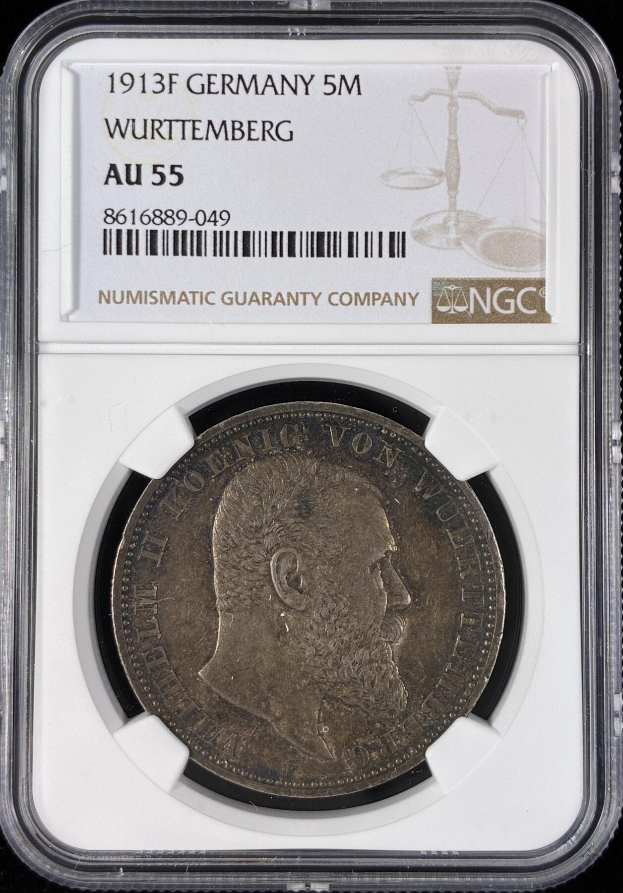 【雨安】【直播拍卖】【世界币章121期-评级币】2025-12-20 周六 19:30 保真 [评级德国] Germany 德国 帝国 符腾堡 5马克 威廉二世 1913年  NGC-AU55