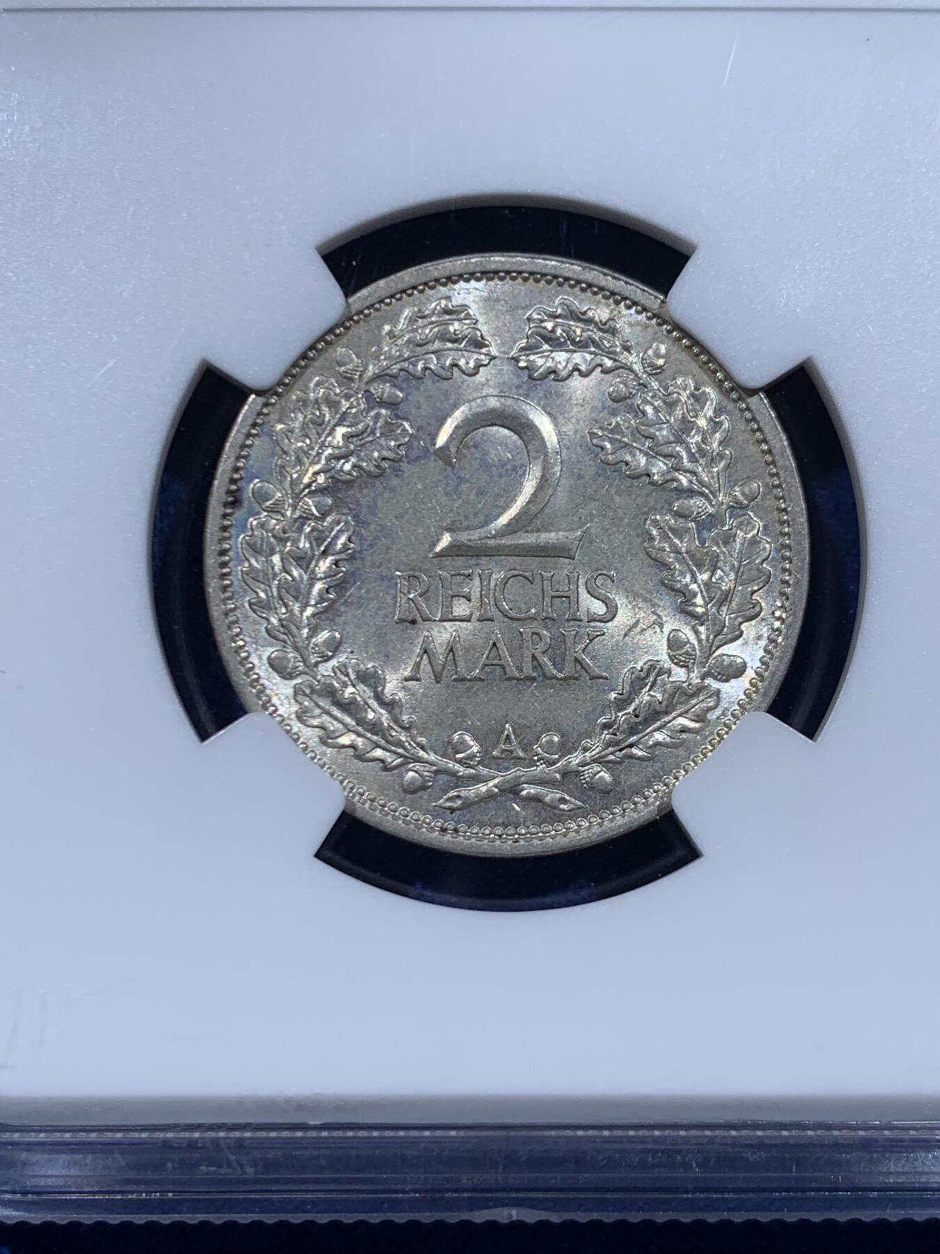 《竞宝斋》第447场 周日，周一，2场连拍 （全场包邮） NGC MS63 德国 1926年 魏玛共和国2马克 银币