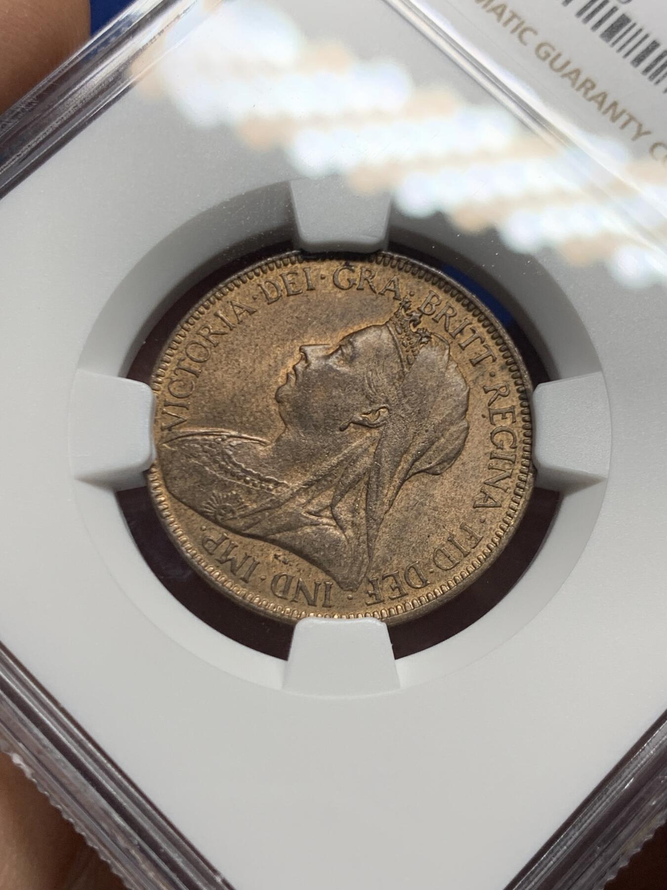 《竞宝斋》第447场 周日，周一，2场连拍 （全场包邮） NGC MS63RB 英国1901年1/2便士铜币，维多利亚披纱头像，铜光不错