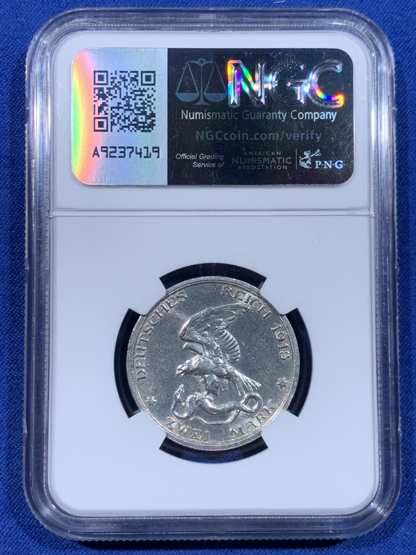 《竞宝斋》第447场 周日，周一，2场连拍 （全场包邮） NGC UNCD 德国 1913A 普鲁士击败拿破仑2马克银币 疑似错杀