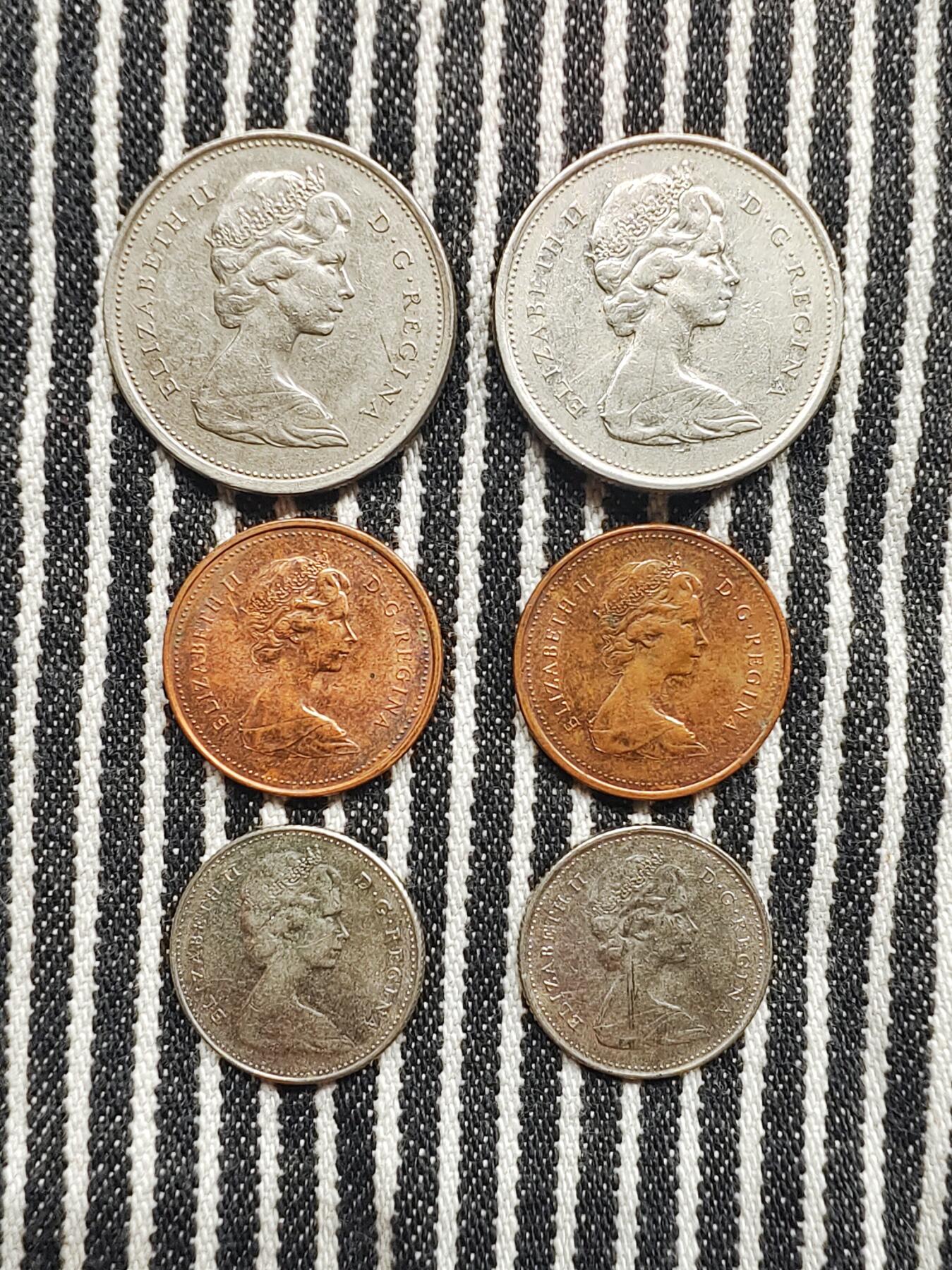 加拿大1分枫叶/10分帆船/25分驯鹿币4枚一组 分币 硬币 铜币 镍币 收藏  组一：1974/1979/1968 组二：1974/1979/1977