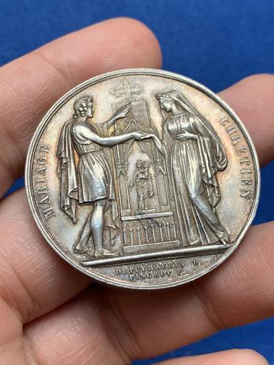 《竞宝斋》第447场 周日，周一，2场连拍 （全场包邮） - 法国1833年婚礼银章 神灯边铭 32.2克 41.1mm 不多见的品种