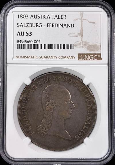 【雨安】【直播拍卖】【世界币章121期-评级币】2025-12-20 周六 19:30 保真 - [评级欧洲] Austria 奥地利 Salzburg萨尔茨堡 1泰勒 KM#485 1803年 斐迪南三世  NGC-AU53 原味欧洲淡美包浆