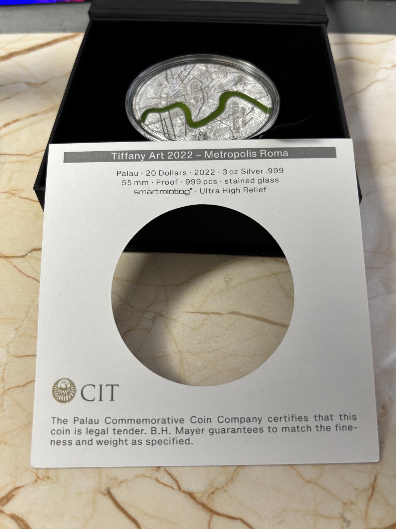 第186期拍卖 帕劳2022年蒂凡尼系列罗马街景3盎司镶嵌玻璃纪念银币，3盎司，999银，发行999枚，
