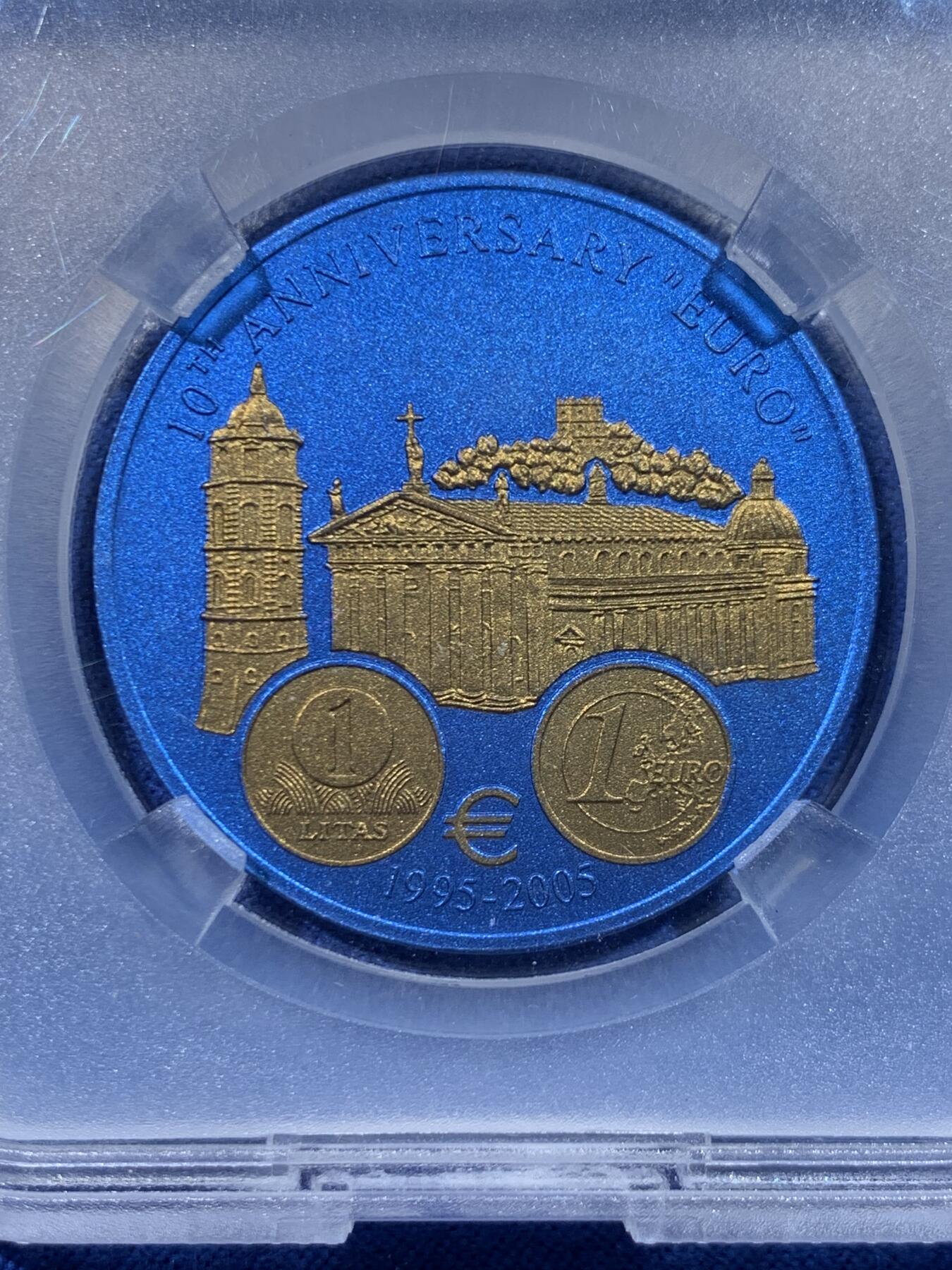 《竞宝斋》第447场 周日，周一，2场连拍 （全场包邮） TQG MS69 利比里亚2006年欧元10周年纪念-立陶宛5元蓝铌币 7.78克 发行量：1万