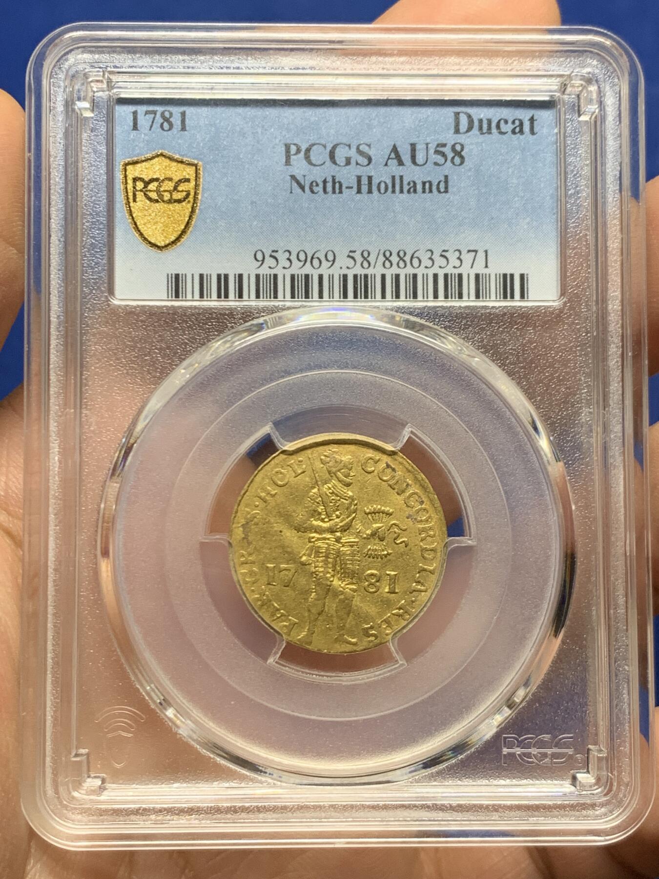《竞宝斋》第447场 周日，周一，2场连拍 （全场包邮） PCGS AU58 荷兰武士1781年金币 986金，3.49克，非常稀有的品种，季军分，更高分仅两枚！