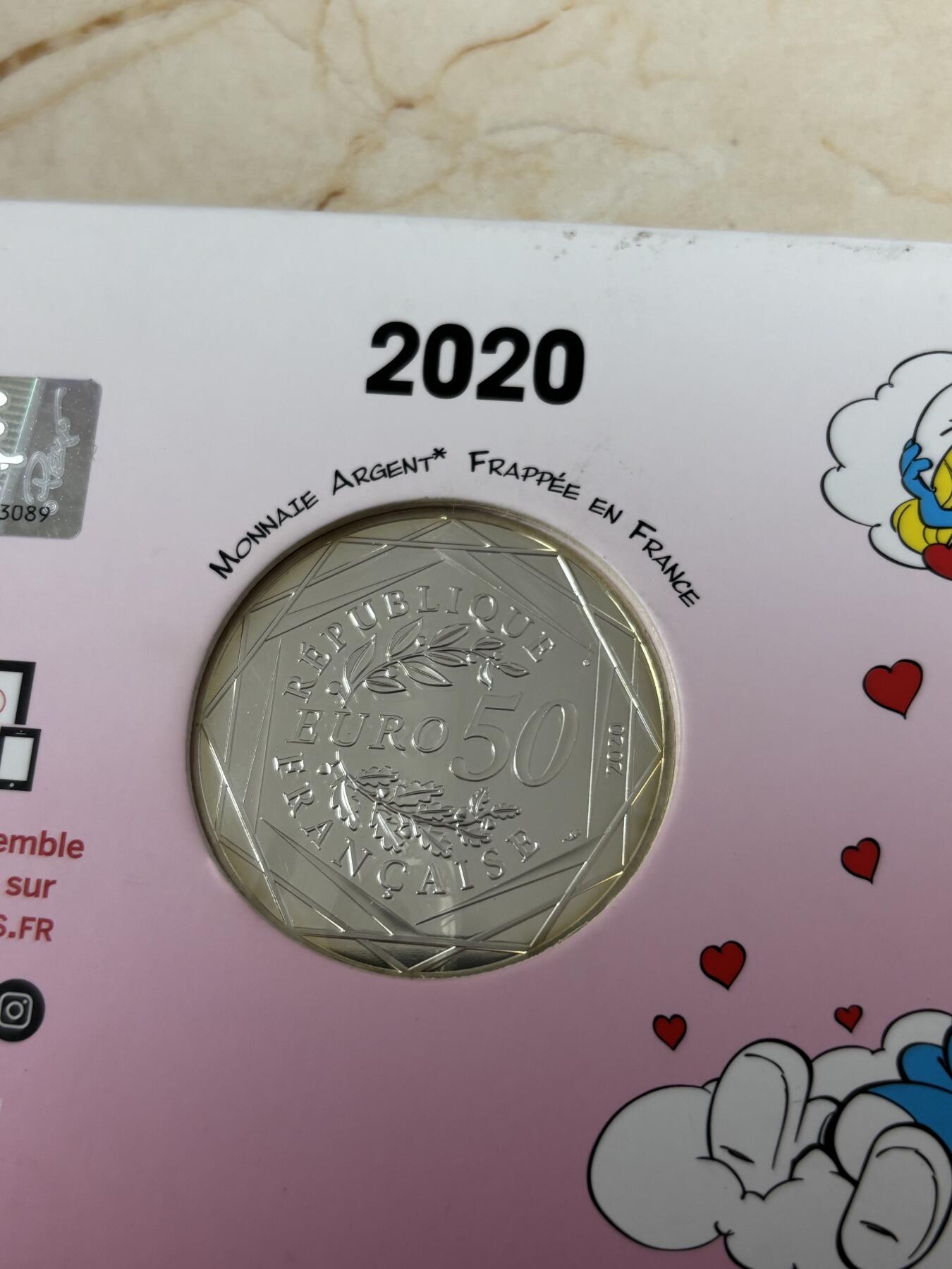 第186期拍卖 法国2020年童年的回忆蓝精灵50欧元系列爱情银币，900银，41克，发行20000枚