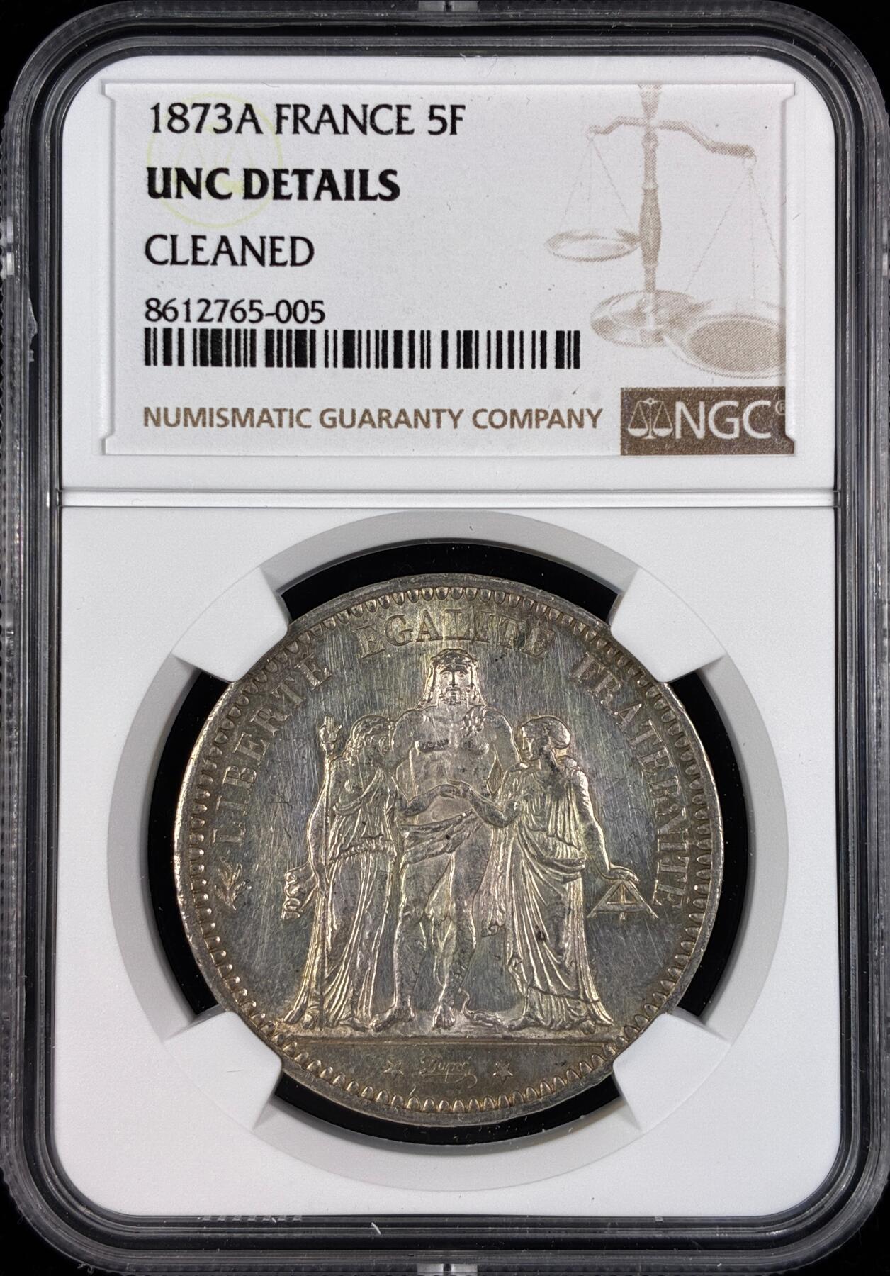 【雨安】【直播拍卖】【世界币章121期-评级币】2025-12-20 周六 19:30 保真 [评级法国] France 法国 5法郎 KM#0820 (1870-1889) 大力神 1873年  NGC-UNC