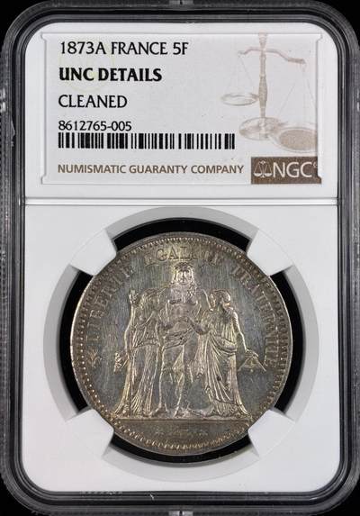 【雨安】【直播拍卖】【世界币章121期-评级币】2025-12-20 周六 19:30 保真 - [评级法国] France 法国 5法郎 KM#0820 (1870-1889) 大力神 1873年  NGC-UNC