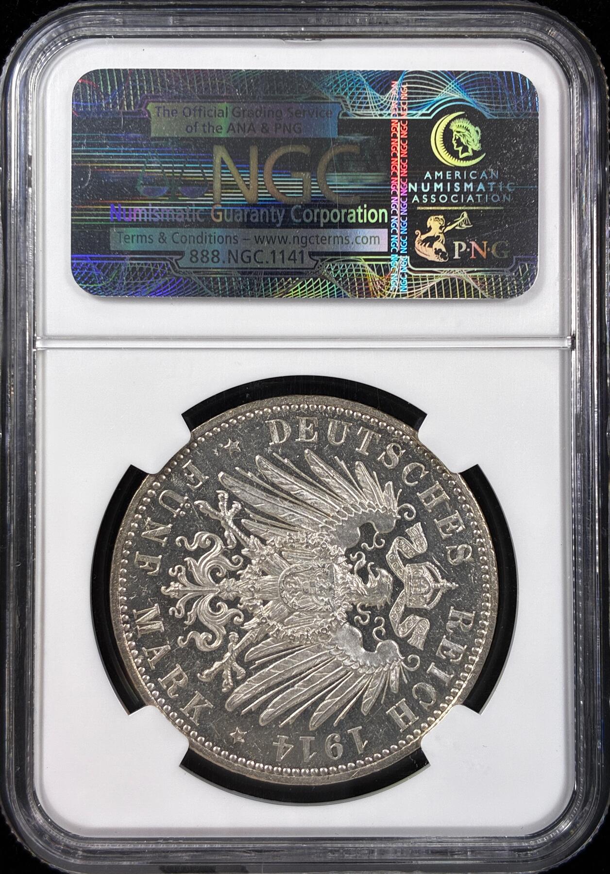 【雨安】【直播拍卖】【世界币章121期-评级币】2025-12-20 周六 19:30 保真 [评级德国] Germany 德国 帝国 J.053 巴伐利亚 5马克 (1914) 路德维希三世 1914年 NGC-PF62Cameo 精制